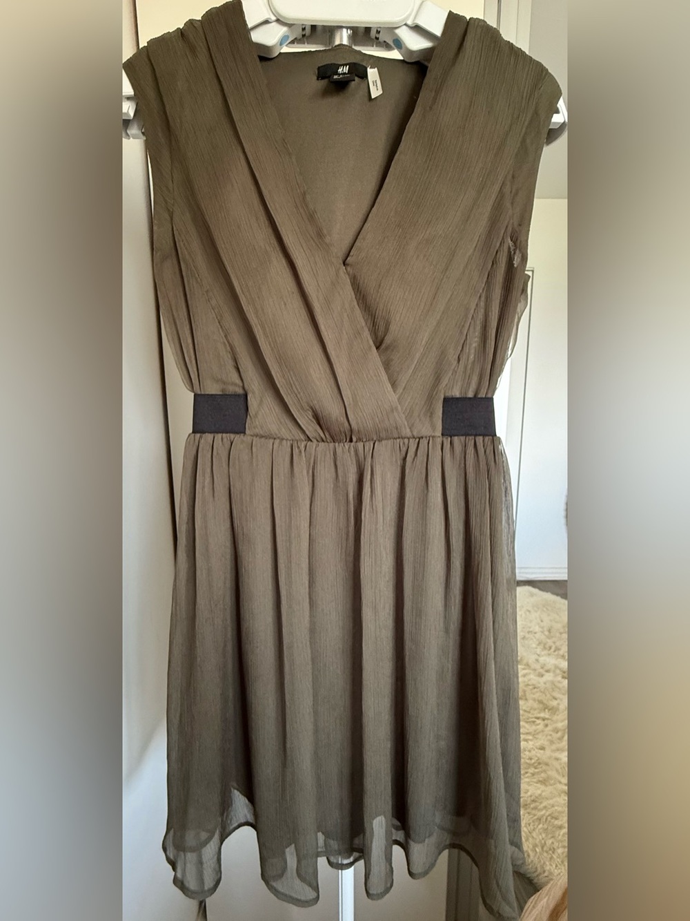 H&M Olive Wrap Midi Dress with Black Waist Panels